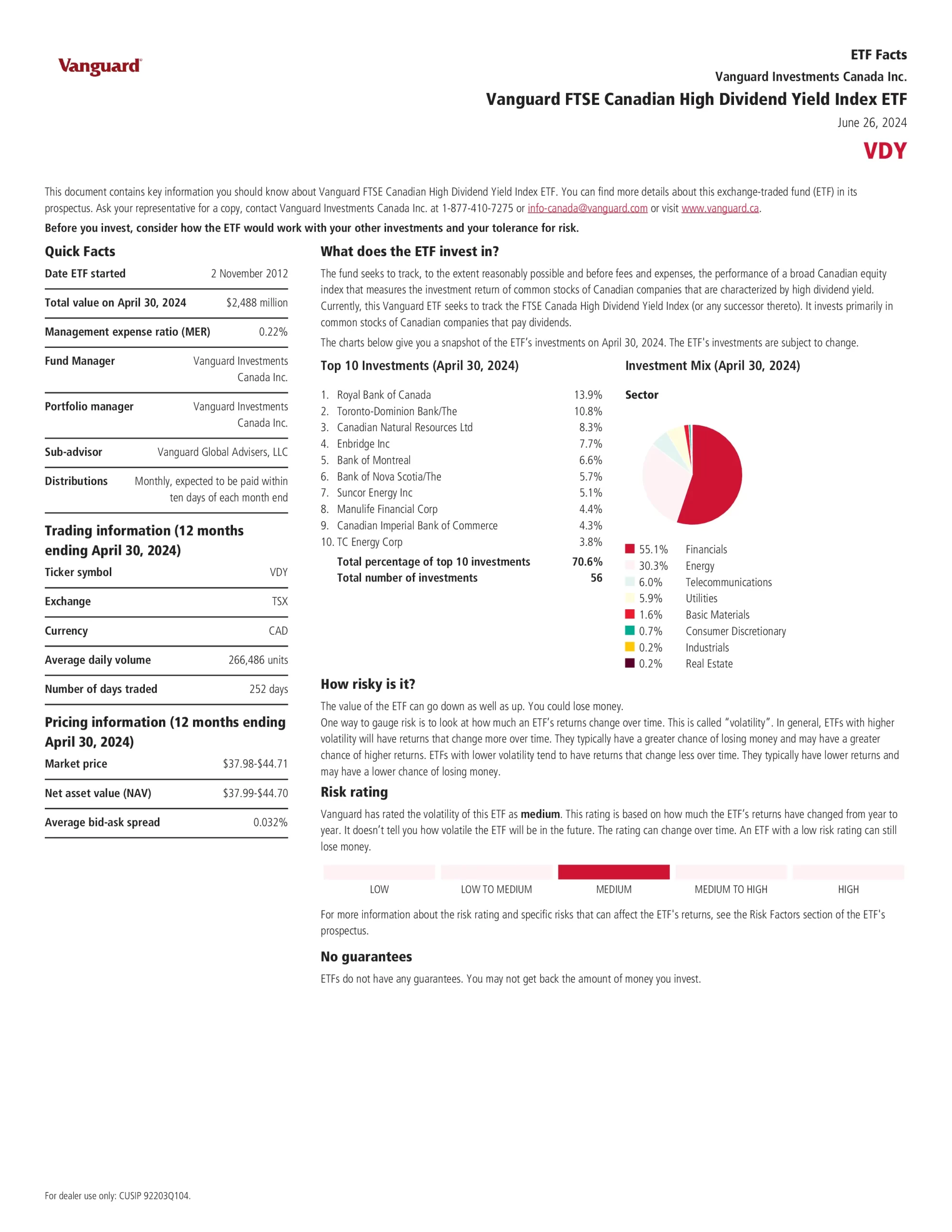 VDY: Vanguard FTSE Canadian High Dividend Yield Index ETF