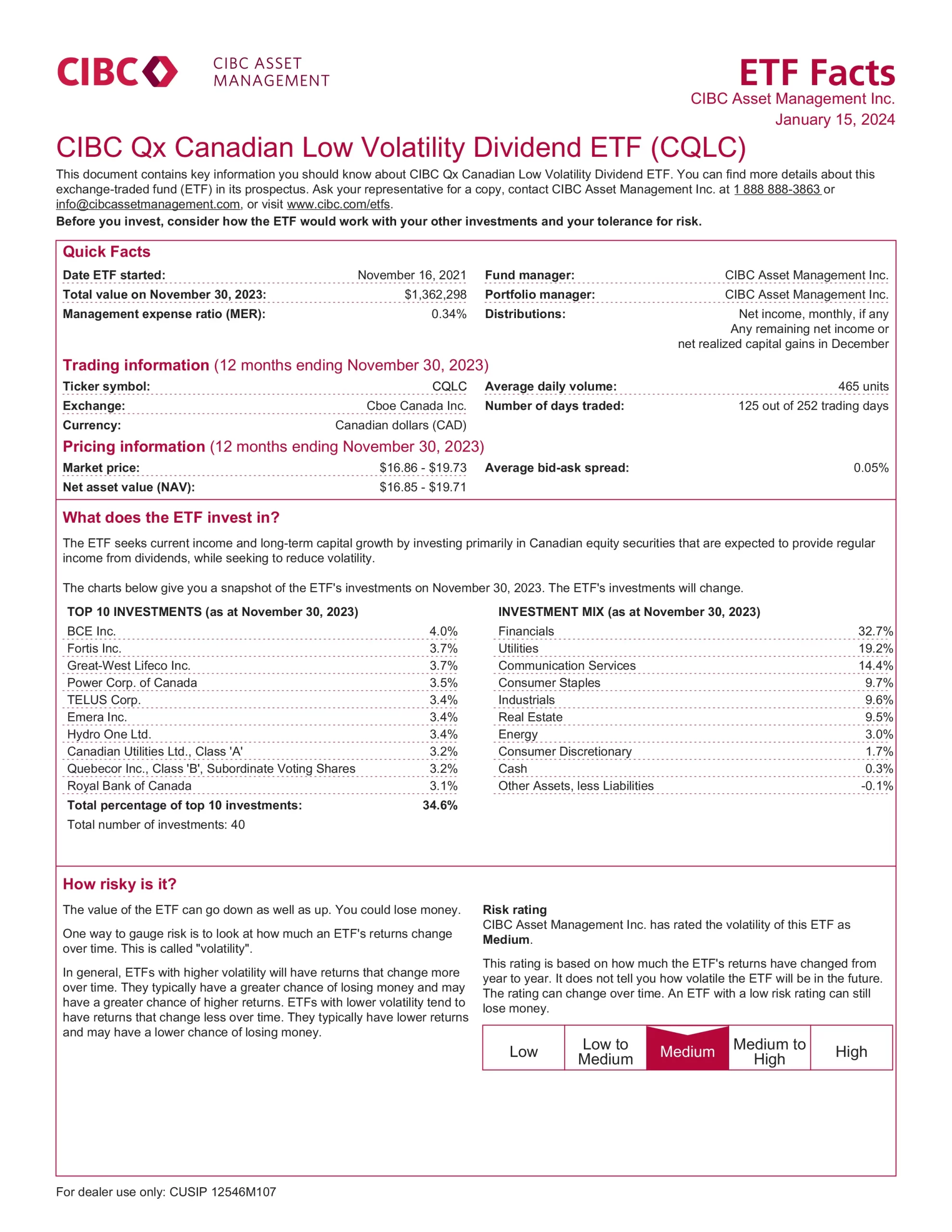 CQLC: CIBC Qx Canadian Low Volatility Dividend ETF